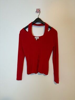 Women's Red Cutout Shoulder Long-Sleeve Cableknit Top